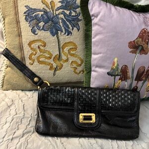 Elliott Lucca Black Woven Leather Wristlet Clutch